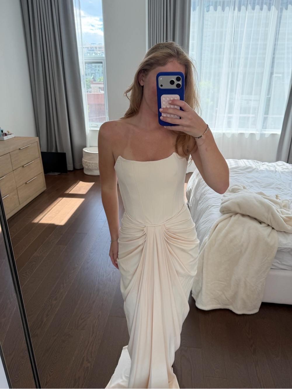 Elegant Strapless Cream Draped Gown